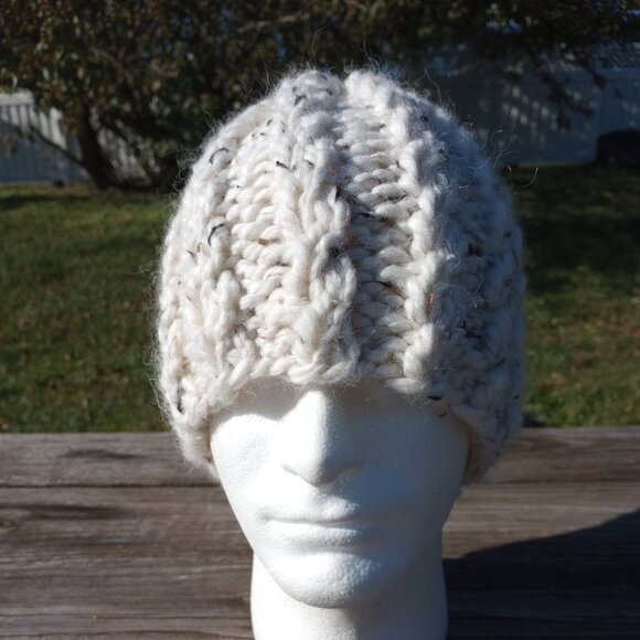 Alpaca Beanie Skully Hat Men Thick Chunky Hand Knit Wool Rib Biscotti White M-L - Picture 3 of 9